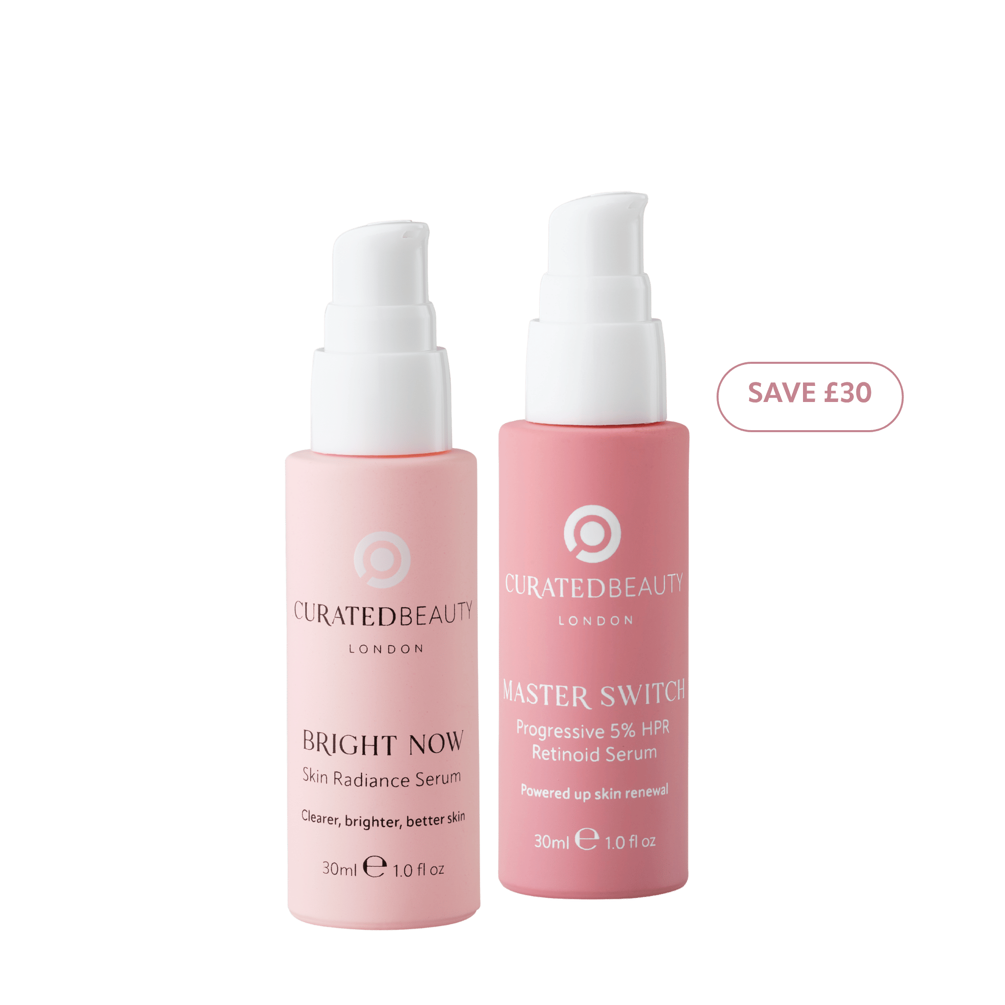 Curated Beauty London Around the Clock Progressive set with Bright Now radiance serum and Master Switch 5% HPR retinoid serum for smoother, brighter skin