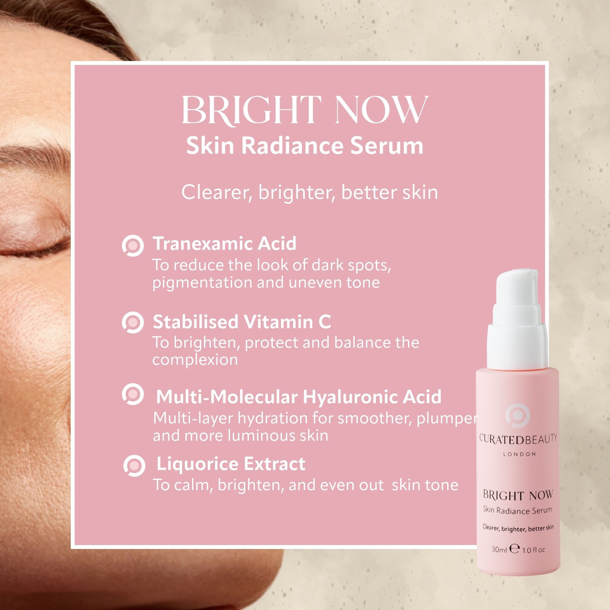 Curated Beauty London Morning Glow Collection for skin radiance, primer and Broad Spectrum SPF 50 with Rose Quartz Gua Sha Sculpting stone.