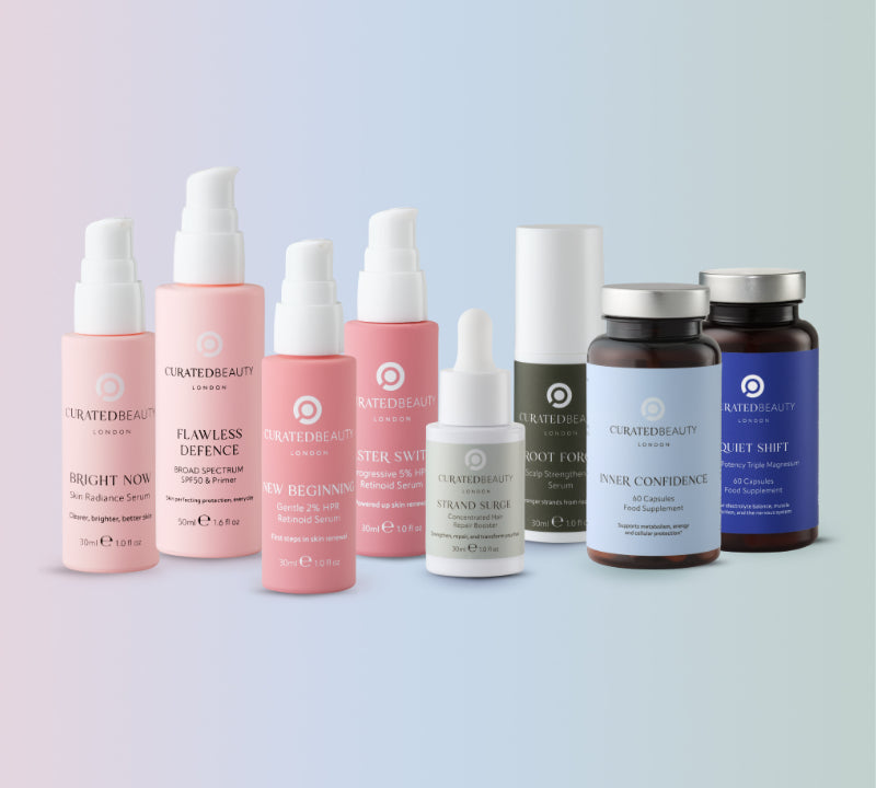 Curated Beauty products laying in grass