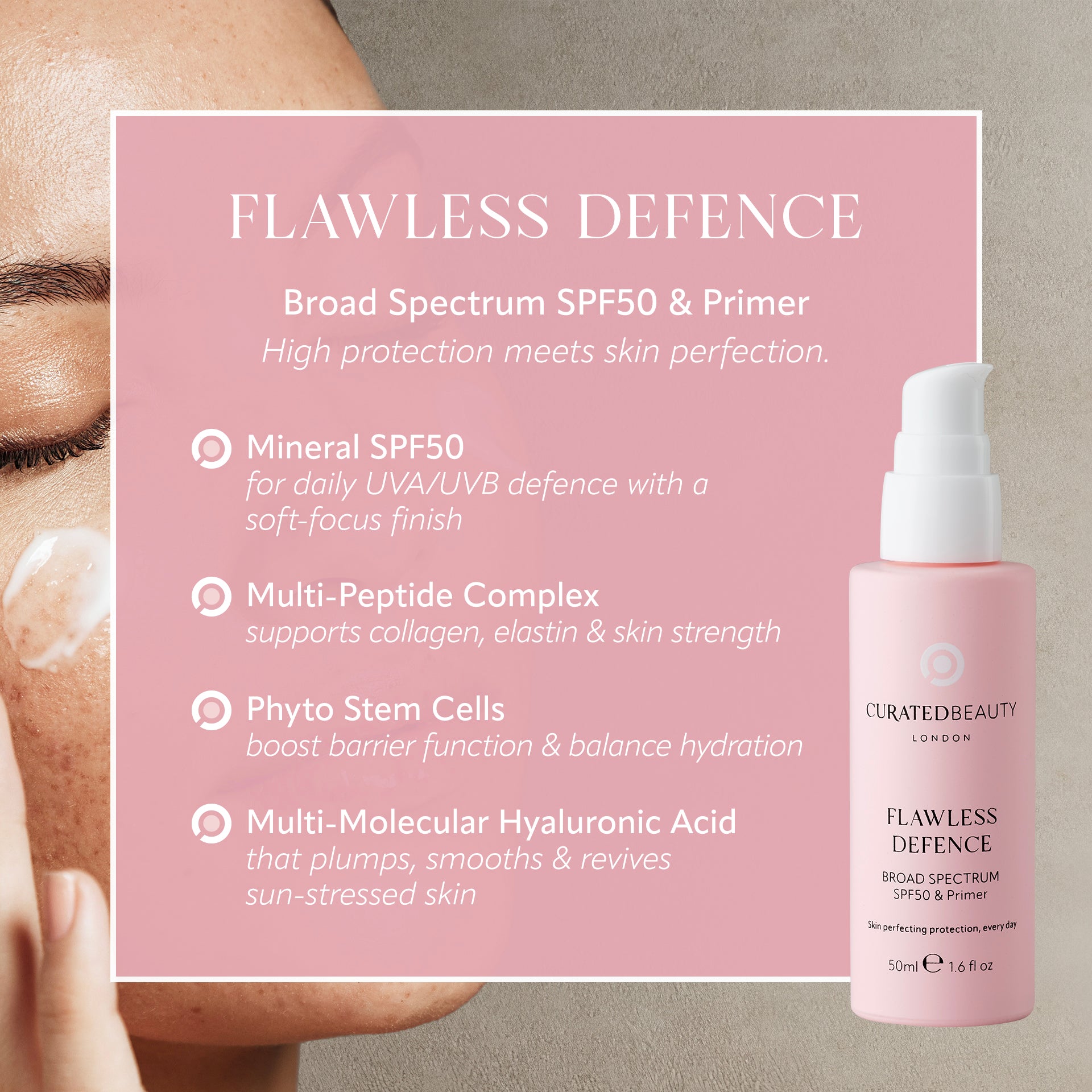 Curated Beauty Flawless Defence SPF50 & Primer with product details on a pink background