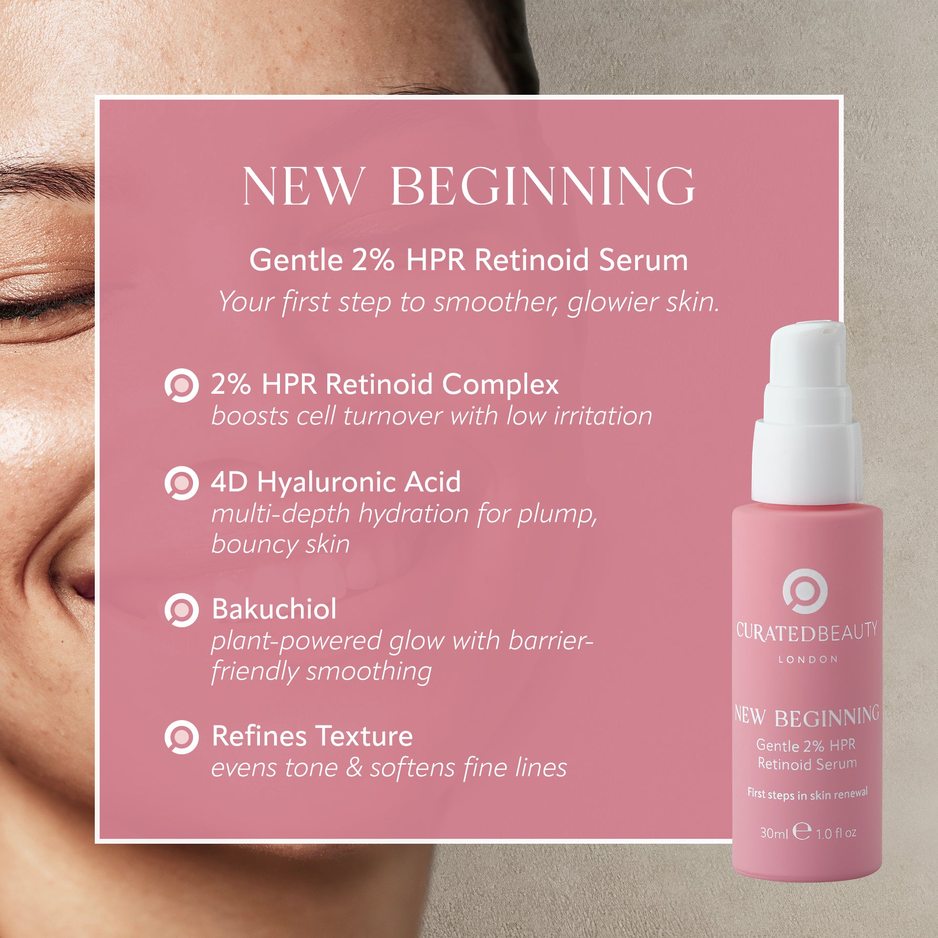 New Beginning with product details on a pink background