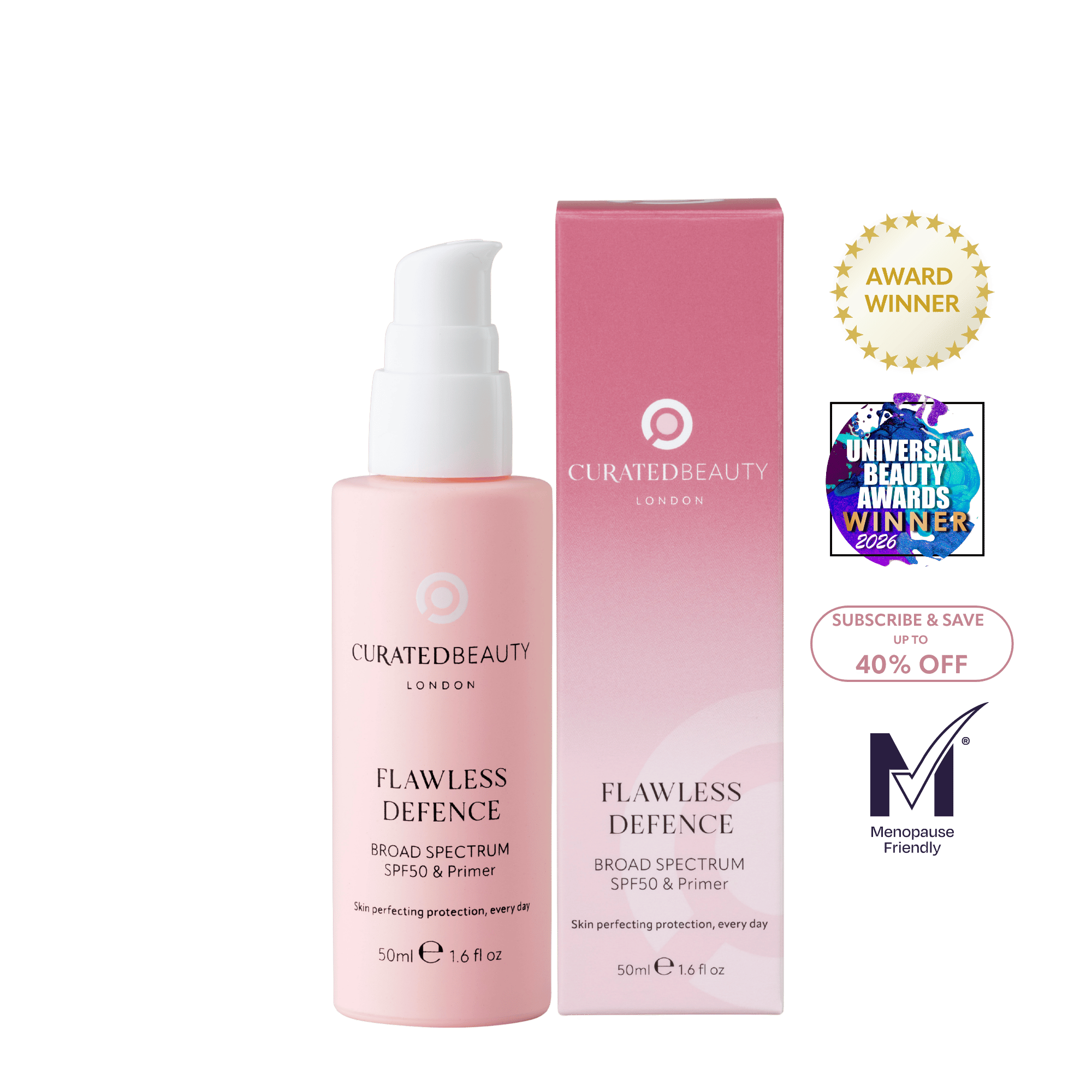 Curated Beauty London Flawless Defence Broad Spectrum SPF50 primer with peptides for daily skin protection