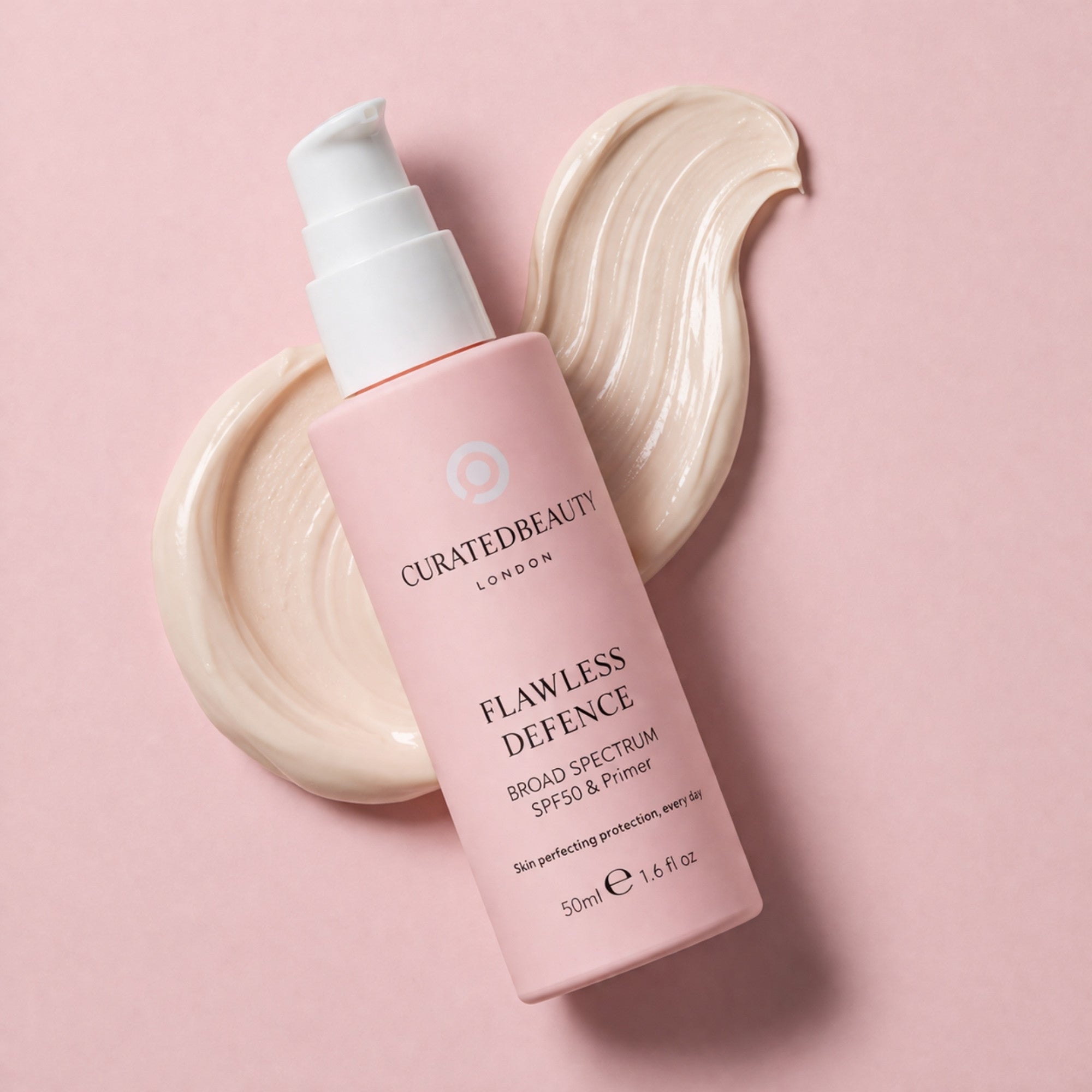 Curated Beauty London Flawless Defence Broad Spectrum SPF50 primer with peptides for daily skin protection