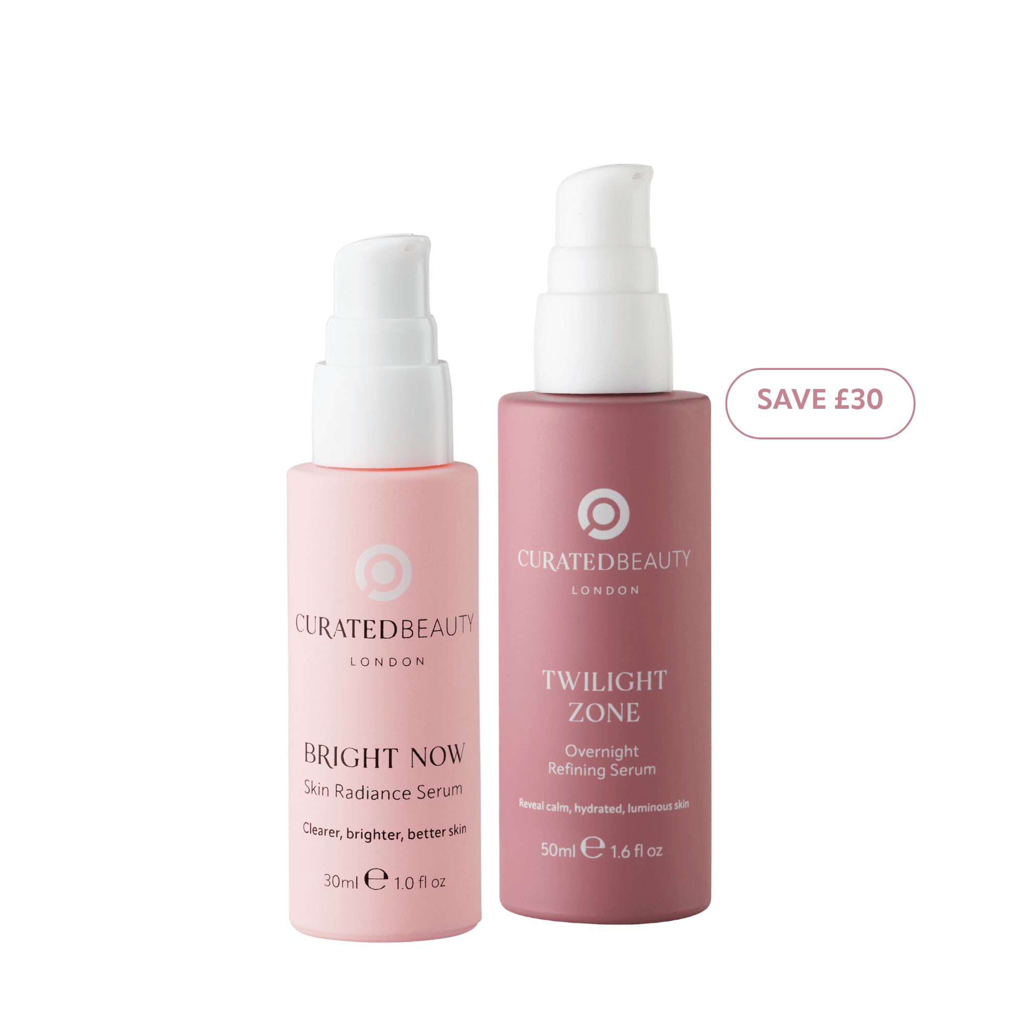 Glow and Recover Duo Curated Beauty London. Bright Now Skin Radiance Serum and Twilight Zone Overnight Refining Serum for day to night skin radiance.