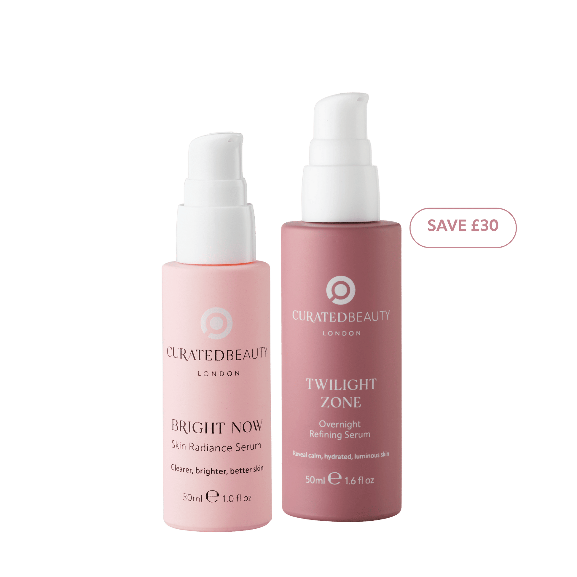 Glow and Recover Duo Curated Beauty London. Bright Now Skin Radiance Serum and Twilight Zone Overnight Refining Serum for day to night skin radiance.