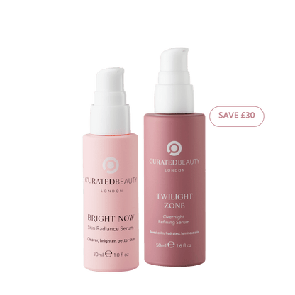 Glow and Recover Duo Curated Beauty London. Bright Now Skin Radiance Serum and Twilight Zone Overnight Refining Serum for day to night skin radiance.