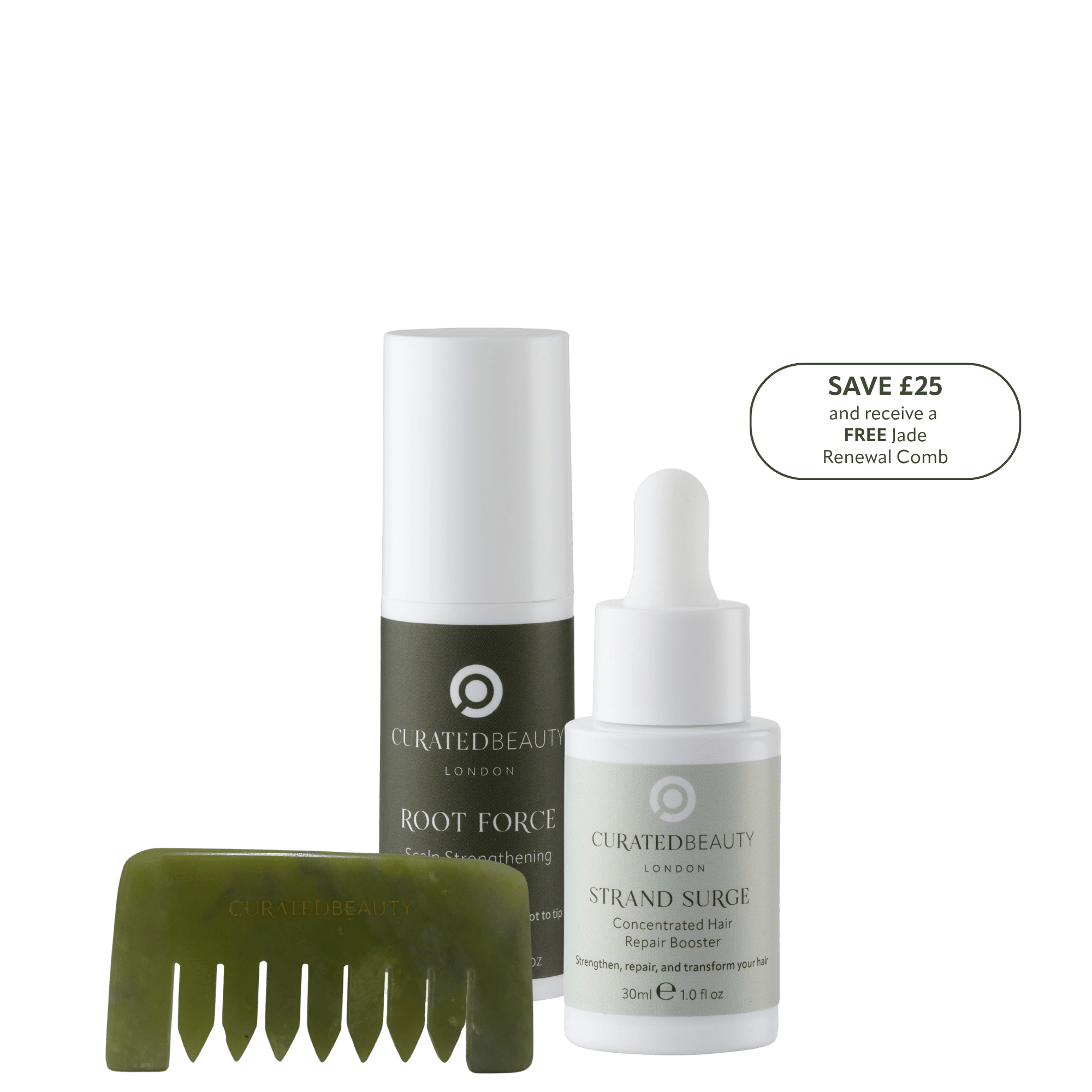 Curated Beauty London Crowning Glory set with Strand Surge hair booster, Root Force scalp serum, and Jade Renewal Comb for stronger, healthier hair