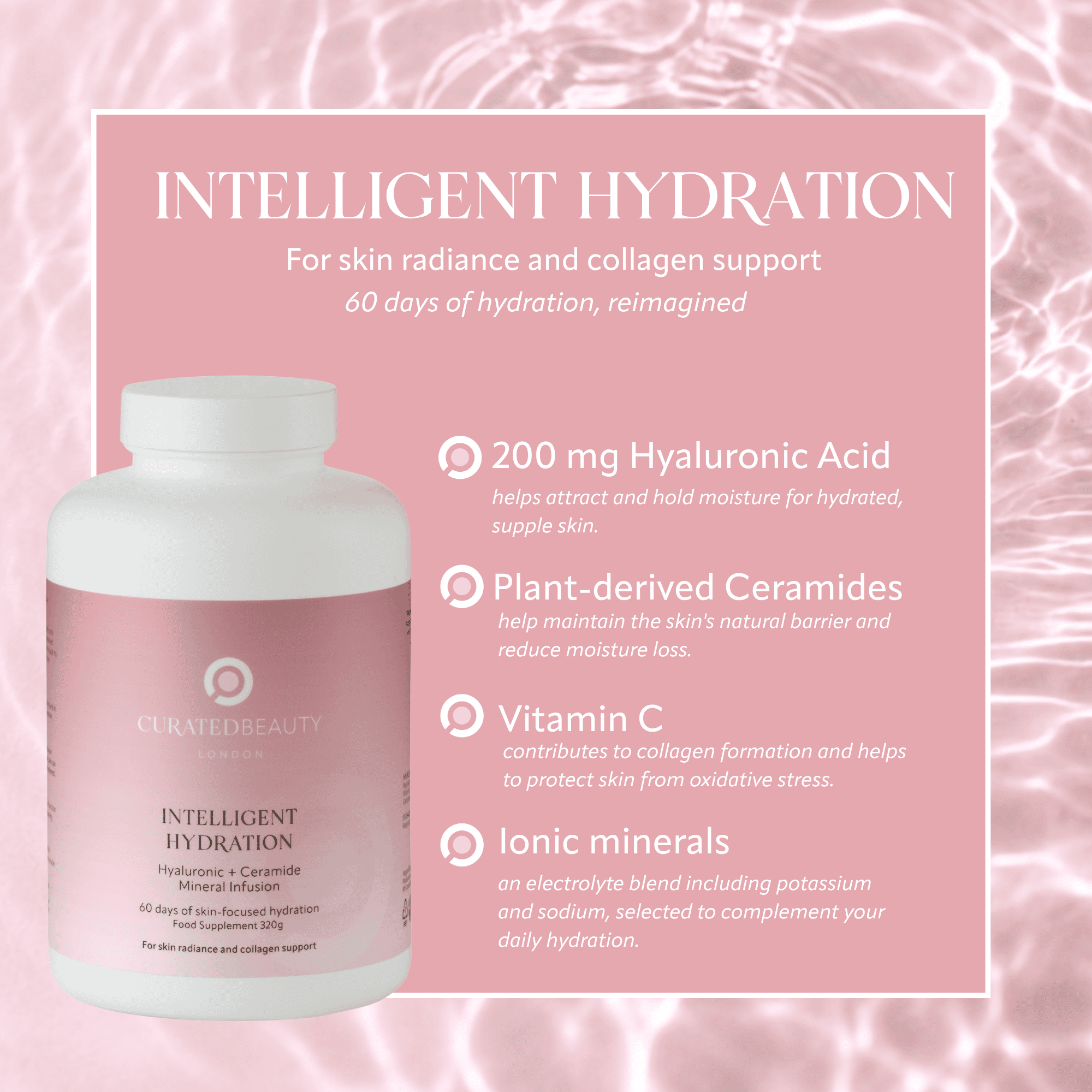 Curated Beauty London Intelligent Hydration skin hydration supplement with daily drink