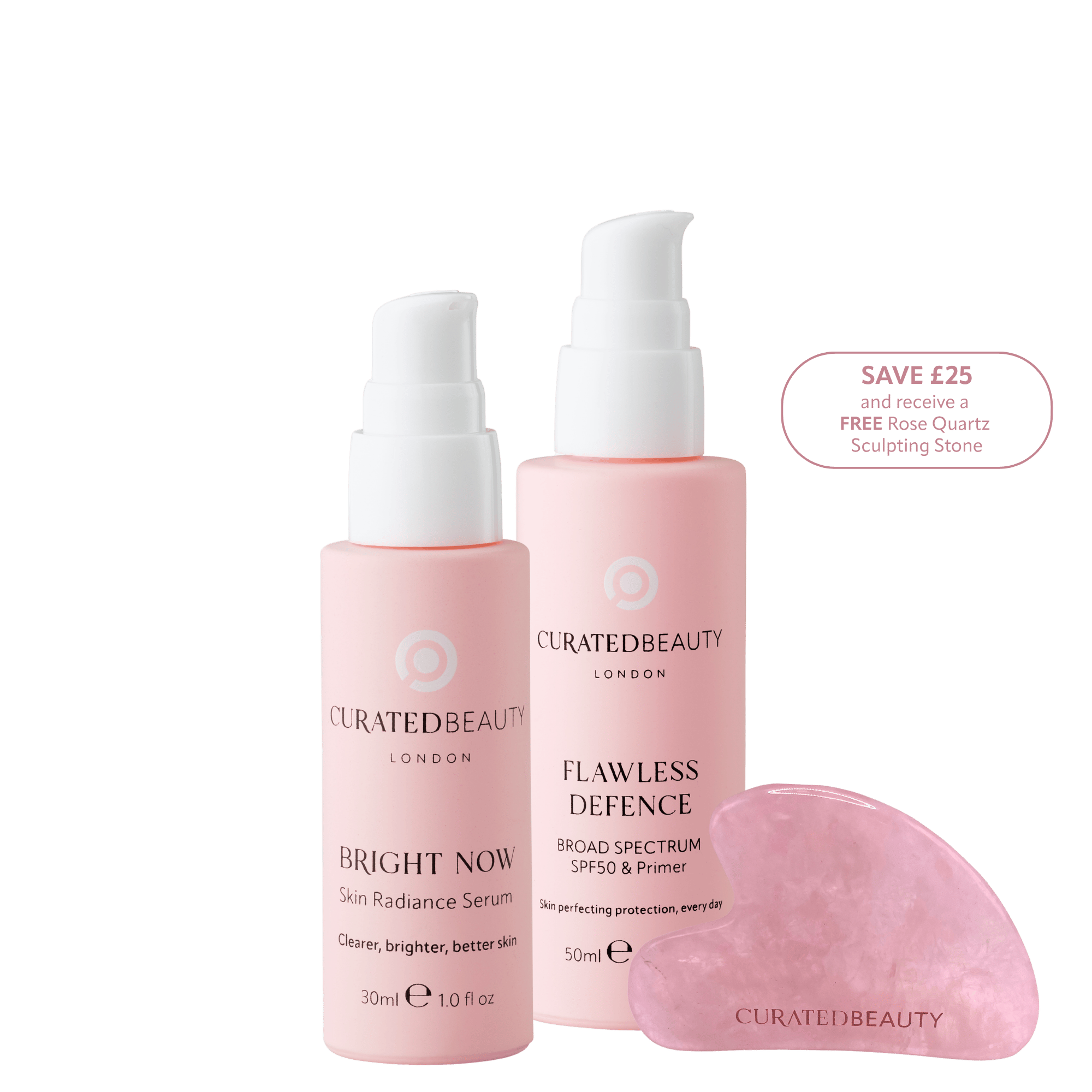 Curated Beauty London Morning Glow Collection for skin radiance, primer and Broad Spectrum SPF 50 with Rose Quartz Gua Sha Sculpting stone.