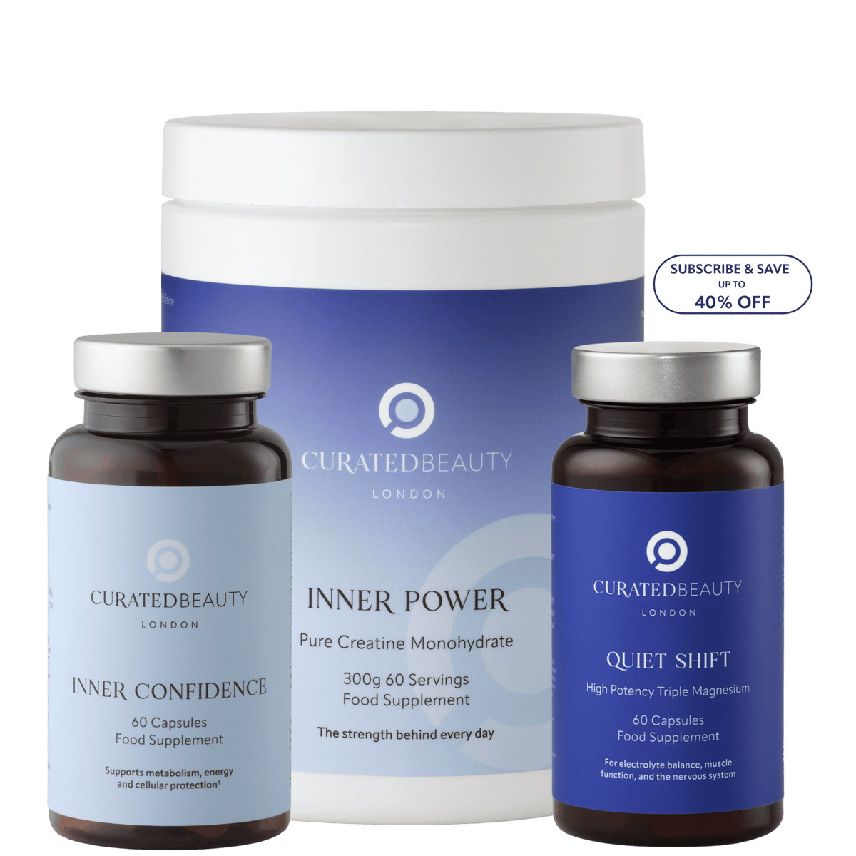 Curated Beauty London The Power of Three set with Inner Confidence NMN supplement, Inner Power creatine supplement, and Quiet Shift triple magnesium for energy, strength, and relaxation.