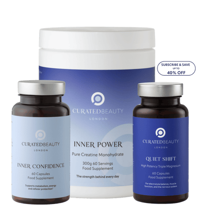 Curated Beauty London The Power of Three set with Inner Confidence NMN supplement, Inner Power creatine supplement, and Quiet Shift triple magnesium for energy, strength, and relaxation.