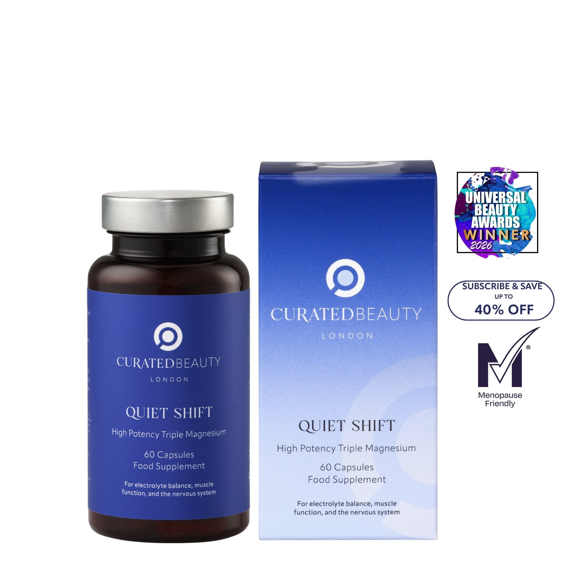 Curated Beauty London Quiet Shift high potency triple magnesium supplement for relaxation and sleep support