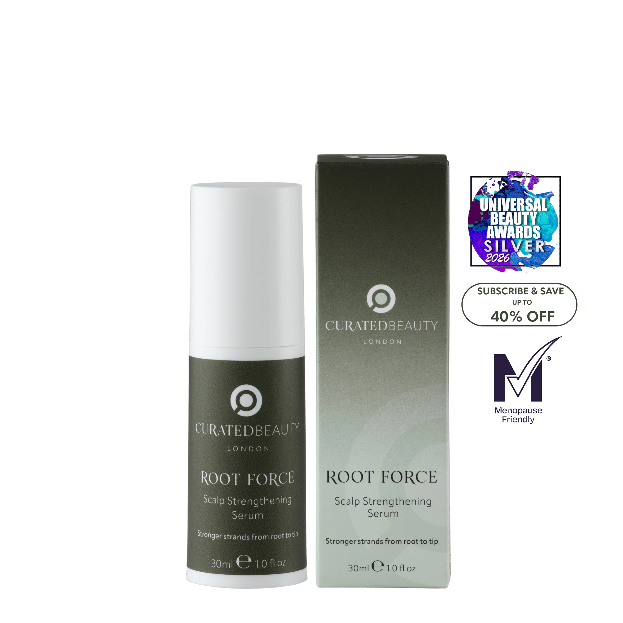 Curated Beauty London Root Force scalp strengthening serum to support healthier, stronger hair