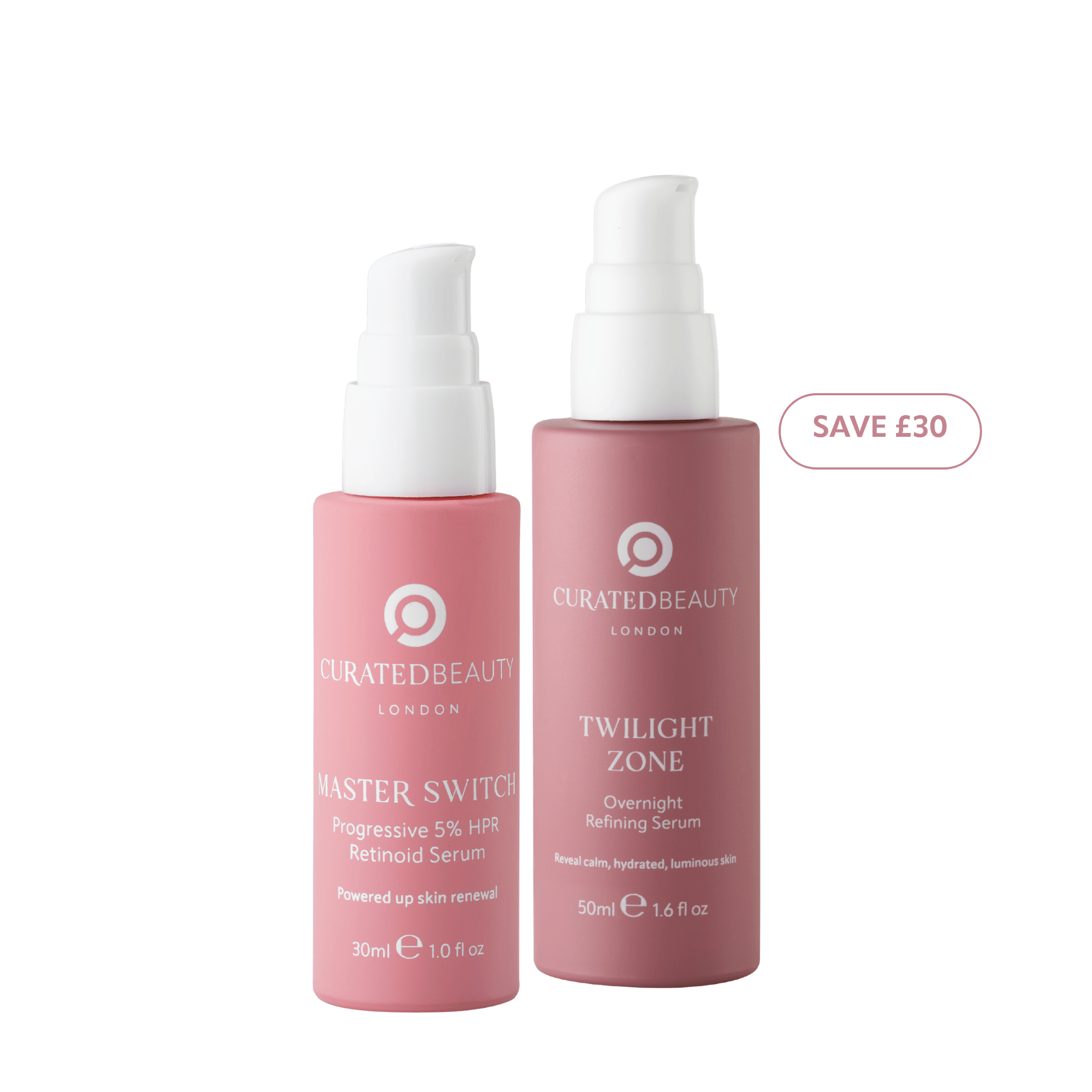 Twilight Zone Overnight Refining Serum from Curated Beauty London to gently exfoliate, refine and hydrate skin for a fresh, glowing, natural skin tone with frankincense, hyaluronic acid, natural enzymes and prickly pear. Paired with Master Switch Gentle 5% HPR Retinoid with Hyaluronic Acid and Bakuchiol to target collagen decline and speed up cell renewal.