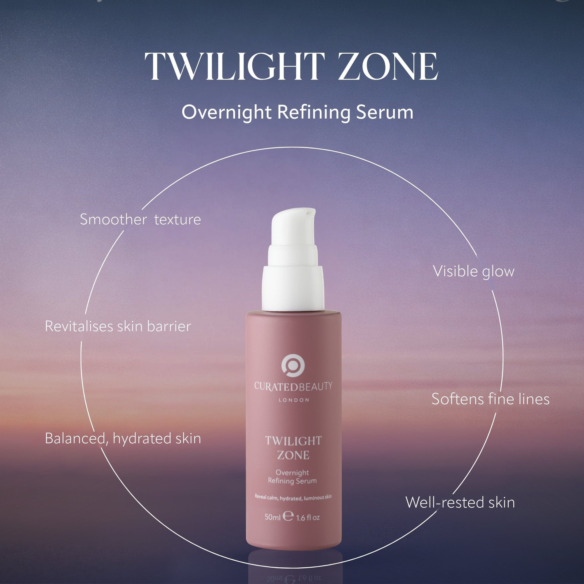 Twilight Zone Overnight Refining Serum from Curated Beauty London to gently exfoliate, refine and hydrate skin for a fresh, glowing, natural skin tone with frankincense, hyaluronic acid, natural enzymes and prickly pear.