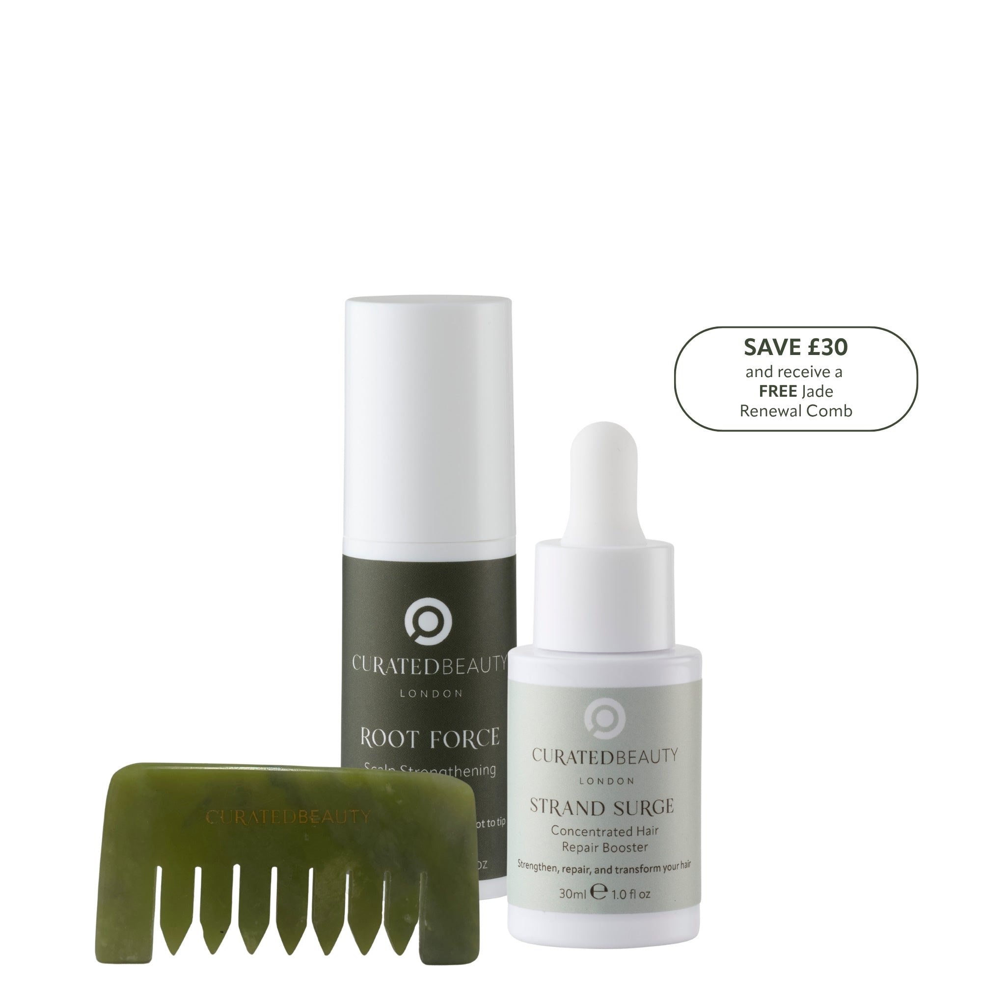 Curated Beauty London Crowning Glory set with Strand Surge hair booster, Root Force scalp serum, and Jade Renewal Comb for stronger, healthier hair
