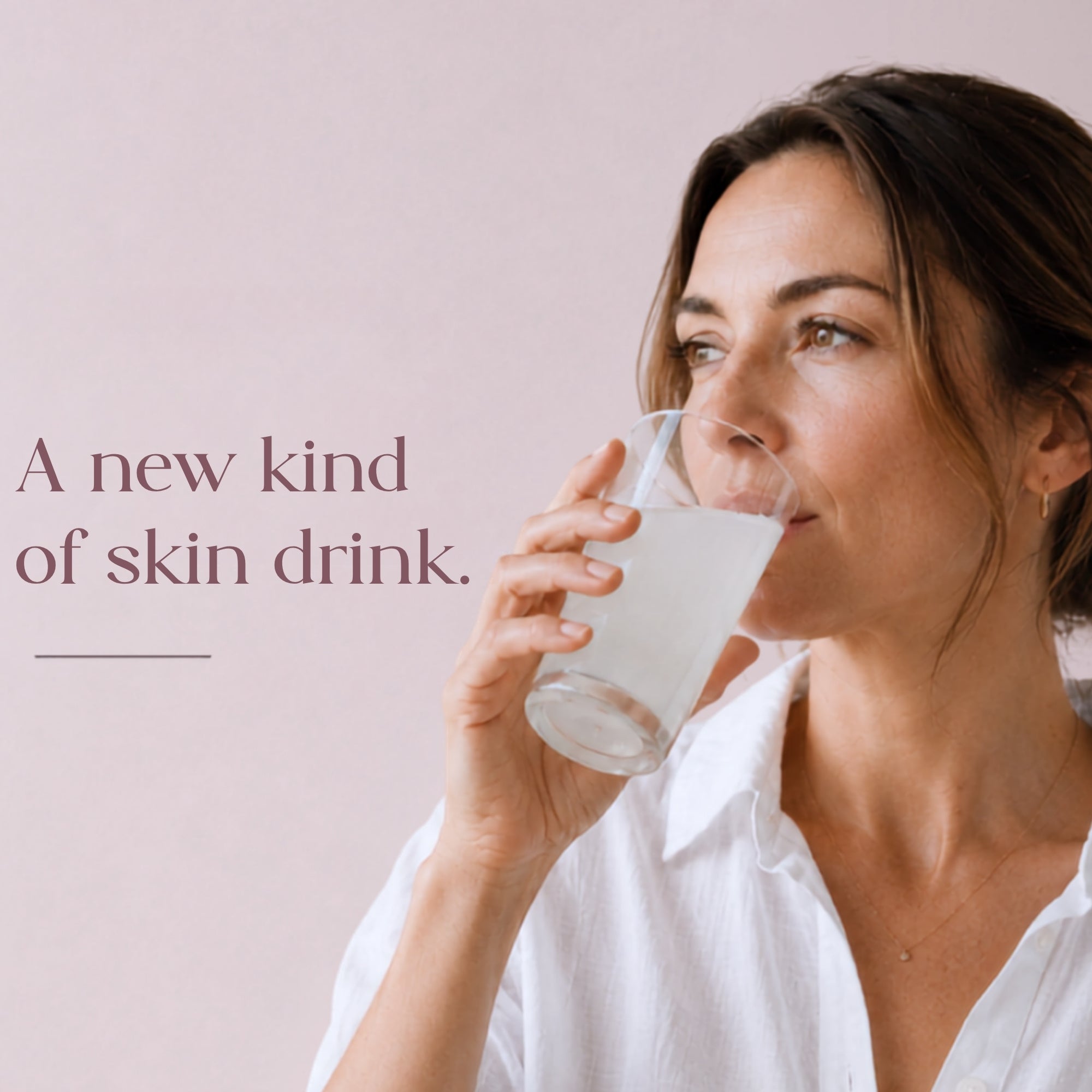 Woman drinking a glass of  Curated Beauty London Intelligent Hydration for skin hydration from the inside out